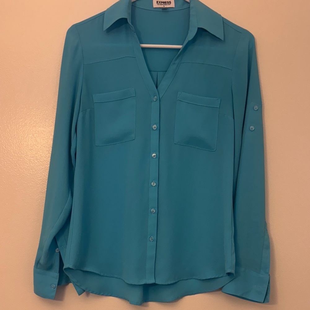 Express Teal Button-Down Blouse with Chest Pockets